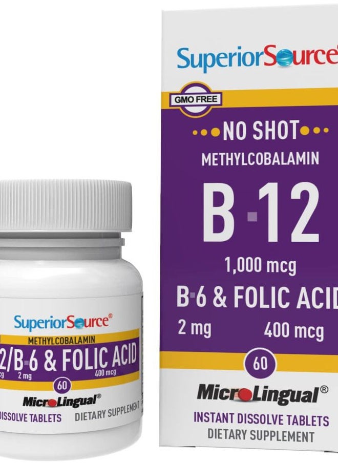 Superior Source No Shot Vitamin B-12 Methylcobalamin 1000 mcg, B-6 & Folic Acid 400 mcg - Supports Brain & Heart Health - Aids Natural Energy Levels - 60 Sublingual Dissolving Tablets  - Image 1