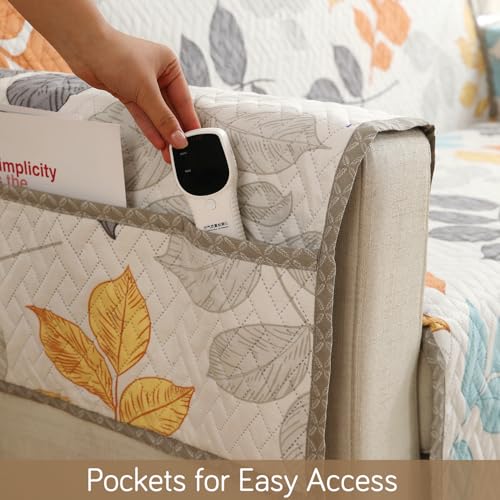 HOKIPO 'HomeHues Series' 3 Seater Quilted Printed Sofa Cover with Pockets, Multicolor Leaves (IN-813-D2) - Image 5