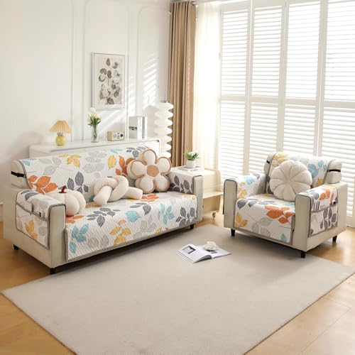 HOKIPO 'HomeHues Series' 3 Seater Quilted Printed Sofa Cover with Pockets, Multicolor Leaves (IN-813-D2) - Image 3