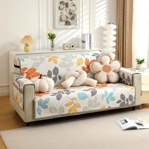 HOKIPO 'HomeHues Series' 3 Seater Quilted Printed Sofa Cover with Pockets, Multicolor Leaves (IN-813-D2) - Image 2
