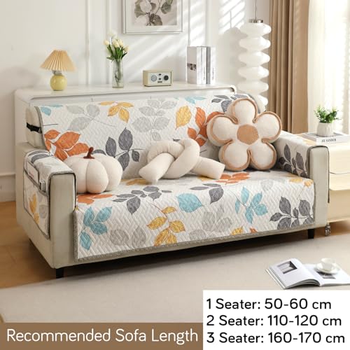 HOKIPO 'HomeHues Series' 3 Seater Quilted Printed Sofa Cover with Pockets, Multicolor Leaves (IN-813-D2) - Image 4