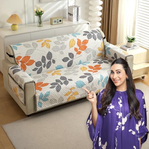 HOKIPO 'HomeHues Series' 3 Seater Quilted Printed Sofa Cover with Pockets, Multicolor Leaves (IN-813-D2) - Image 1