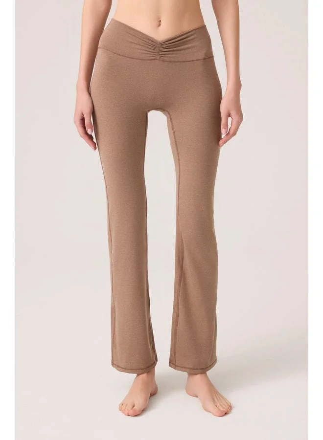 Los Ojos x Ece Mocha Mélange Waist-Detail Spanish-Cuff Pants, Ruched & Flared.