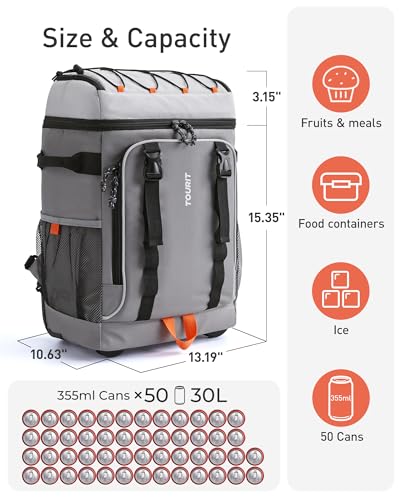 TOURIT 50 Cans Rolling Backpack Double Deck DualBar Handle Travel Soft Cooler Bag with Wheels 30L Space Beach Cooler Size 181531311Grey - Image 3