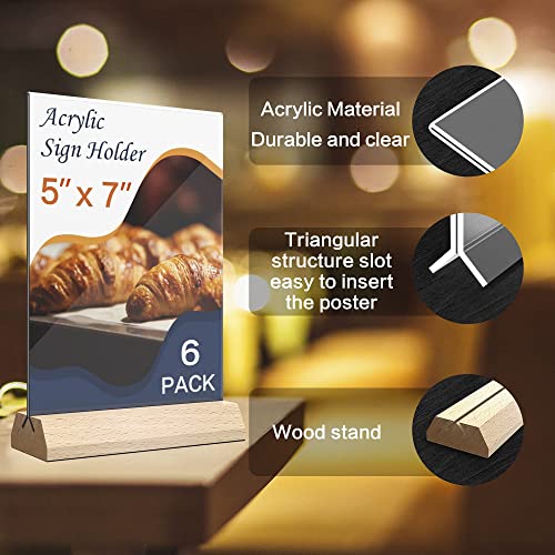 DunGu 5x7 Acrylic Sign Holder - T Shape Clear Flyer Holder with Wood Base, 6 Pack Double Sided Picture Frames, Plastic Table Menu Display Stand for Wedding, Office, School, Restaurant - Image 2