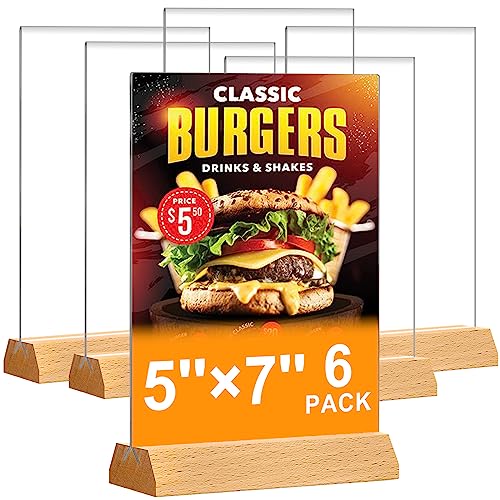 DunGu 5x7 Acrylic Sign Holder - T Shape Clear Flyer Holder with Wood Base, 6 Pack Double Sided Picture Frames, Plastic Table Menu Display Stand for Wedding, Office, School, Restaurant - Image 1