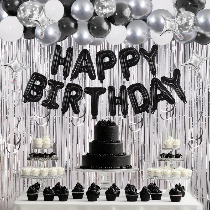 SPFYunion 92 PCS Black and Silver Happy Birthday Decorations Balloons Fringe Curtains Vortex for Boys Men Girls Women 16th 18th 20th 21st 25th 30th 40th 50th 60th Birthday Party Decorations (Black Silver) - Image 3