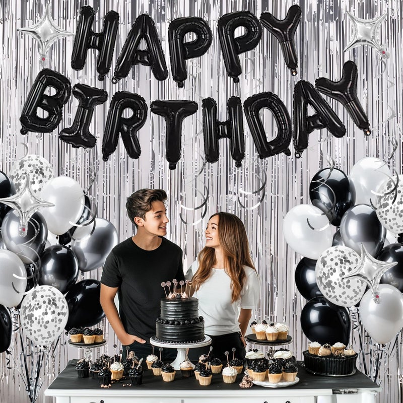 SPFYunion 92 PCS Black and Silver Happy Birthday Decorations Balloons Fringe Curtains Vortex for Boys Men Girls Women 16th 18th 20th 21st 25th 30th 40th 50th 60th Birthday Party Decorations (Black Silver) - Image 4