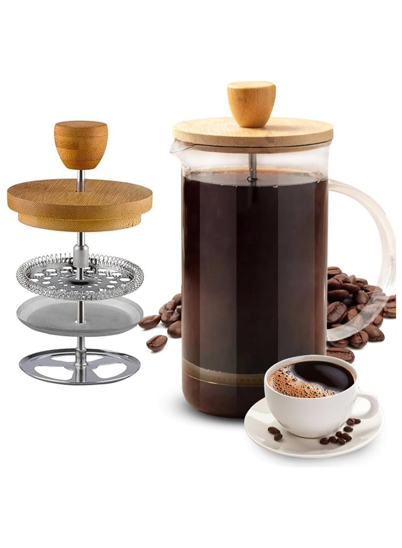 French Press Coffee and Tea Maker - Glass Pot with 304 Stainless Steel Filter, Bamboo Lid - Heat Resistant, Safe, and Easy to Clean, 350ml  - Image 1