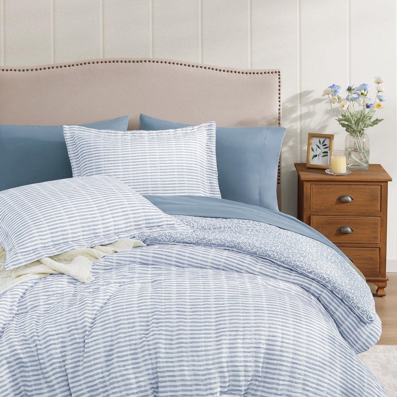 BLOOMHAVEN Queen Comforter Set - 7 Pieces Blue Gauze Muslin Bedding Sets for All Seasons, Lightweight Breathable Bed in a Bag Queen with Revesible Farmhouse Comforter, Sheets, Pillowcases & Shams - Image 3