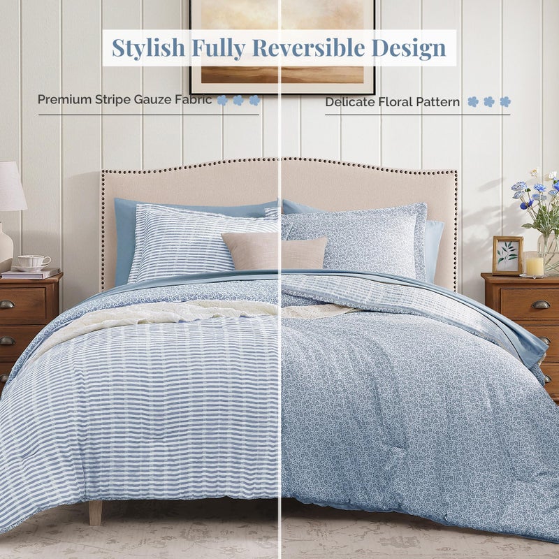 BLOOMHAVEN Queen Comforter Set - 7 Pieces Blue Gauze Muslin Bedding Sets for All Seasons, Lightweight Breathable Bed in a Bag Queen with Revesible Farmhouse Comforter, Sheets, Pillowcases & Shams - Image 2