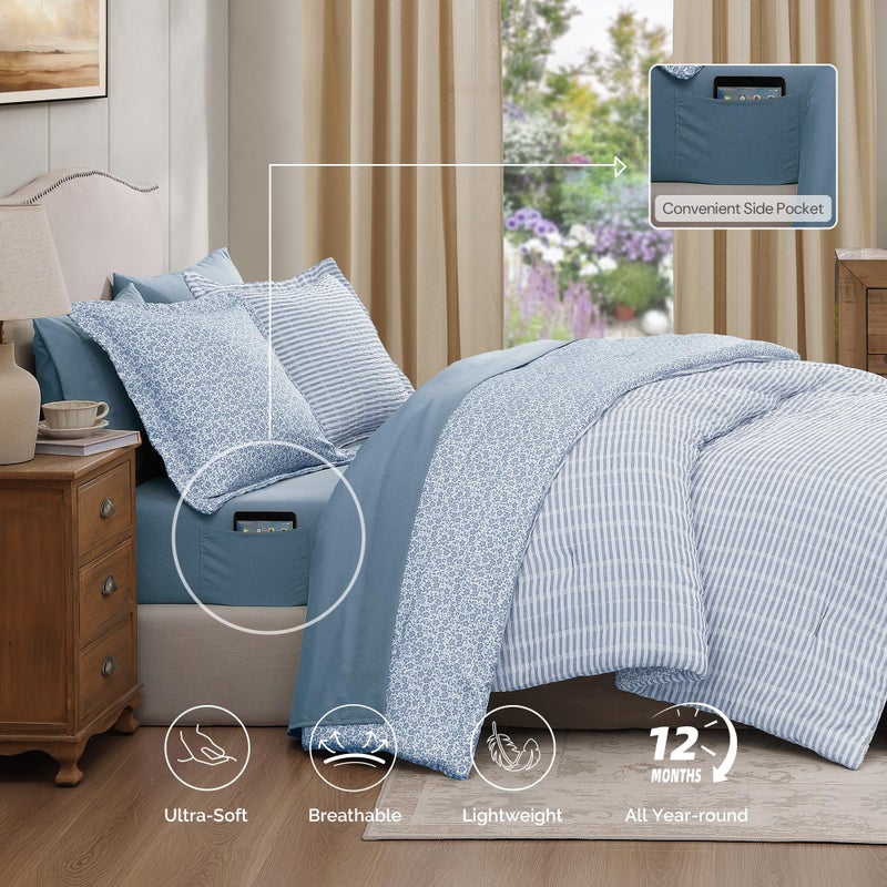 BLOOMHAVEN Queen Comforter Set - 7 Pieces Blue Gauze Muslin Bedding Sets for All Seasons, Lightweight Breathable Bed in a Bag Queen with Revesible Farmhouse Comforter, Sheets, Pillowcases & Shams - Image 5