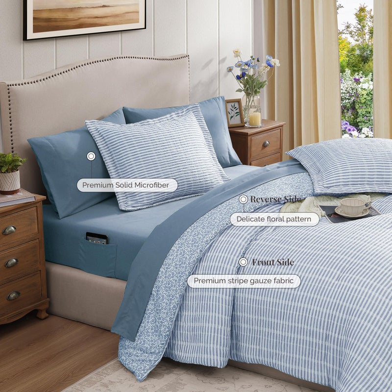 BLOOMHAVEN Queen Comforter Set - 7 Pieces Blue Gauze Muslin Bedding Sets for All Seasons, Lightweight Breathable Bed in a Bag Queen with Revesible Farmhouse Comforter, Sheets, Pillowcases & Shams - Image 4