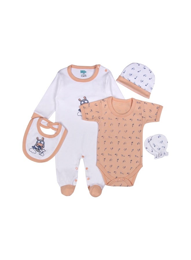 Babies Basic 5 Piece Unisex 100% Cotton Gift Set Include Bib, Romper, Mittens, Cap And Sleepsuit/Jumpsuit - Image 1