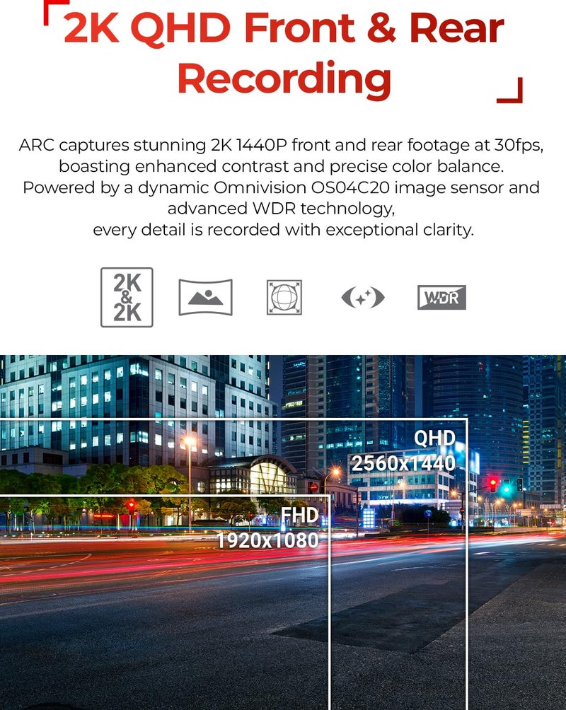 THINKWARE ARC Dash Cam with Smart Driving Alert System, 3X Energy Saving, 1440P+1440P Front and Rear, Wi-Fi, Super Night Vision, 24/7 Parking Mode (Free 32GB Card, Hardwiring, 12V Cable, GPS) - Image 2