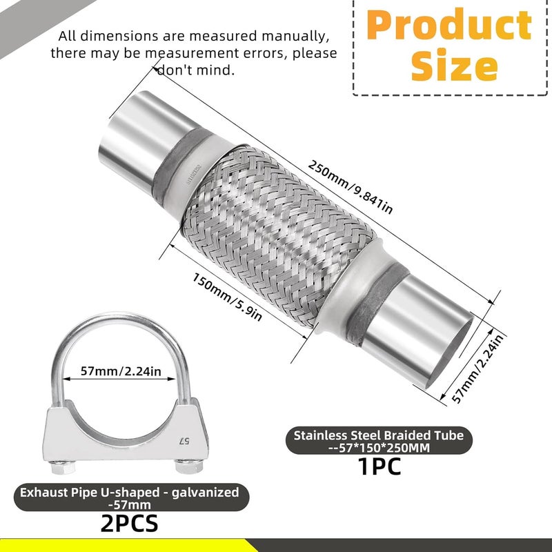 Mardatt 3Pcs Exhaust Flex Pipe, Stainless Steel Exhaust Flex Pipe Double Braid Exhaust Flex Tube U-Bolt Clamp Stainless Steel Muffler U-Bolt Clamps for Cars Trucks Buses Pipes(2.2" x 6" x 10") - Image 2