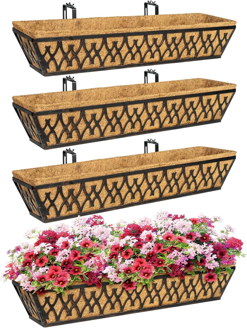 Karlliu 4 Pack 30 Inch Window Boxes Planters Railing Planter Box with Adjustable Brackets for Porch Fence Patio Balcony Hanging Flower Baskets with Coco Liners for Outdoor Garden Decor - Bronze - Image 1