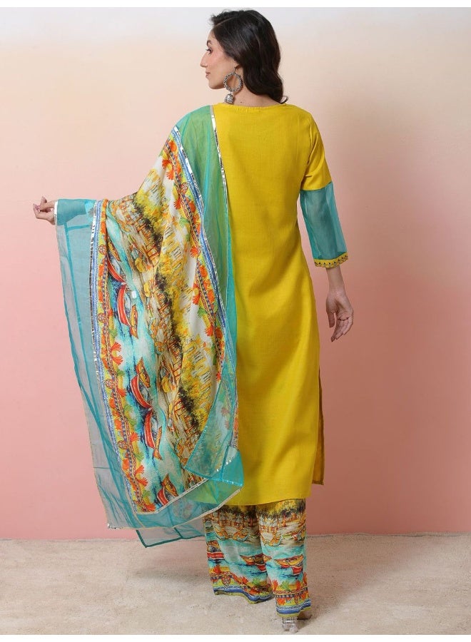 AKS Floral Yoke Design Gotta Patti Straight Kurta With Palazzos & Dupatta  - Image 5