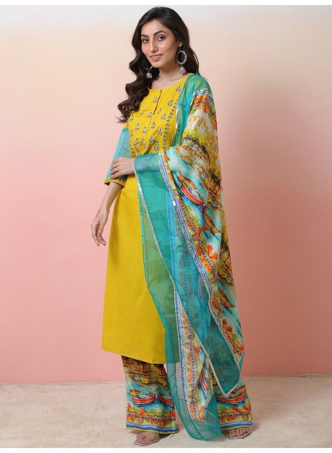 AKS Floral Yoke Design Gotta Patti Straight Kurta With Palazzos & Dupatta  - Image 1