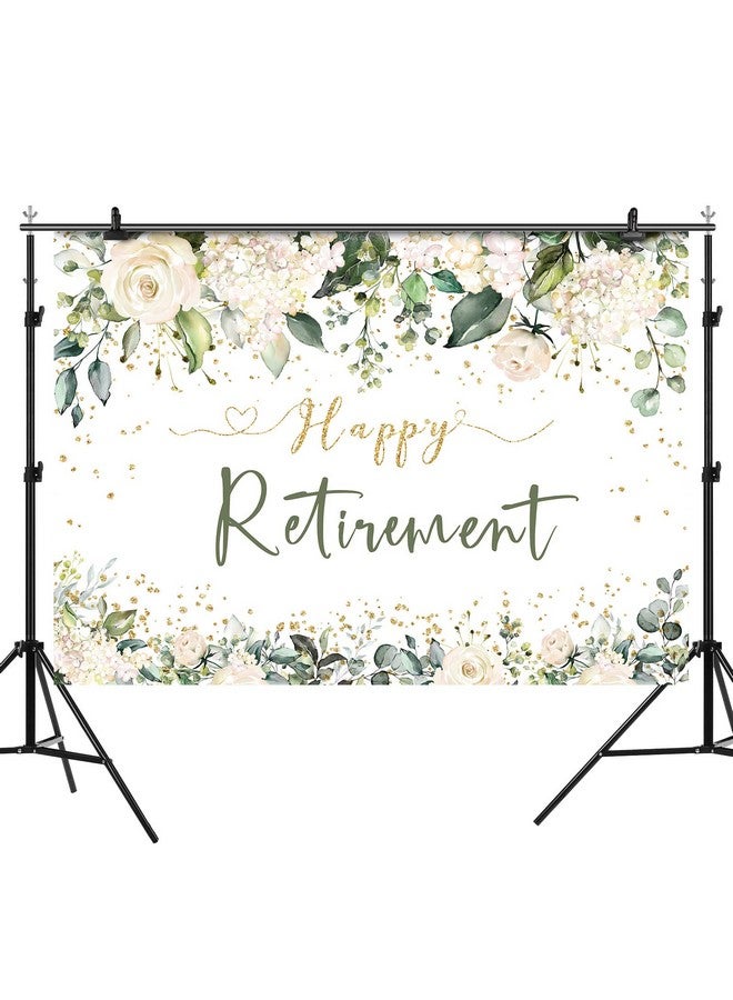 Rsuuinu Happy Retirement Backdrop White Flowers Green Leaves Photography Background Retirement Party Decorations Glitter Gold Retirement Party Decorations Supplies For Women Photo Booth Props 7X5Ft  - Image 3
