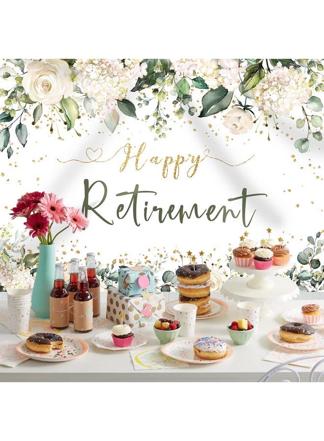 Rsuuinu Happy Retirement Backdrop White Flowers Green Leaves Photography Background Retirement Party Decorations Glitter Gold Retirement Party Decorations Supplies For Women Photo Booth Props 7X5Ft  - Image 4