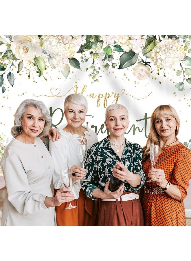 Rsuuinu Happy Retirement Backdrop White Flowers Green Leaves Photography Background Retirement Party Decorations Glitter Gold Retirement Party Decorations Supplies For Women Photo Booth Props 7X5Ft  - Image 5