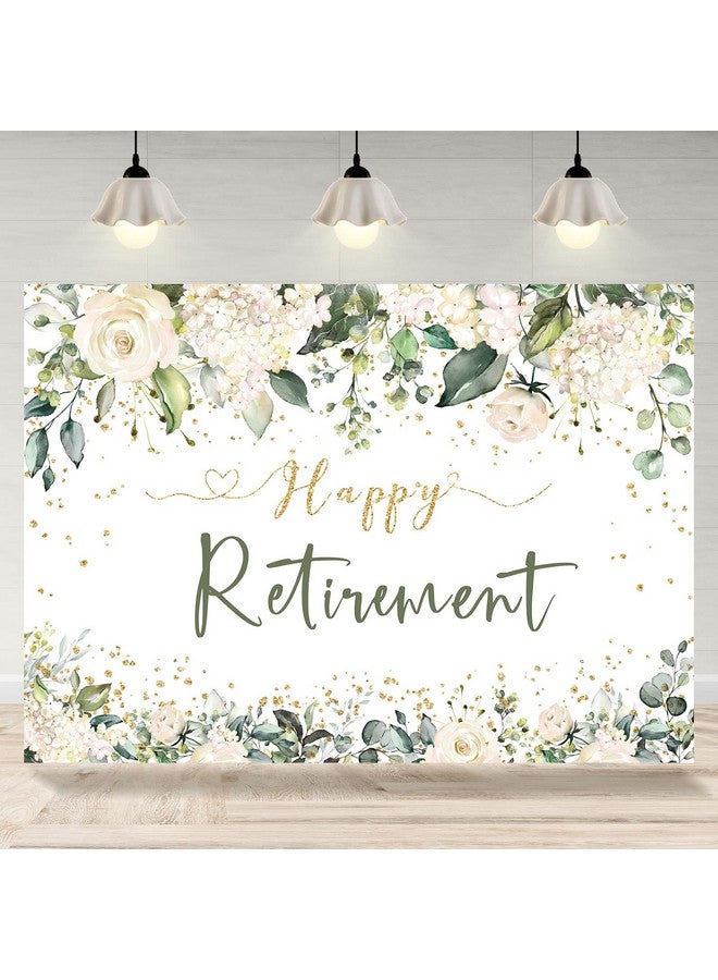 Rsuuinu Happy Retirement Backdrop White Flowers Green Leaves Photography Background Retirement Party Decorations Glitter Gold Retirement Party Decorations Supplies For Women Photo Booth Props 7X5Ft  - Image 1