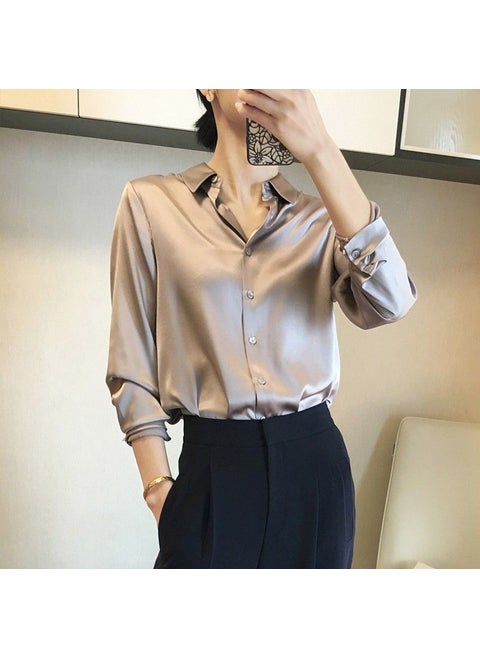 Elegant High-End Feel Womens Shirt 2022 Spring Autumn New Style Silk Like Fabric Top Stylish Business Shirt With Button Advanced Grey