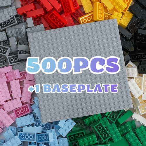 HUIZDQ 2x4 Bricks 500 Piece Classic Building Bricks and 1 Gray Baseplate 2x4 Bricks Bulk Creative Building Toys Blocks Bulk for Kids Ages 6 8 Colors - Image 1