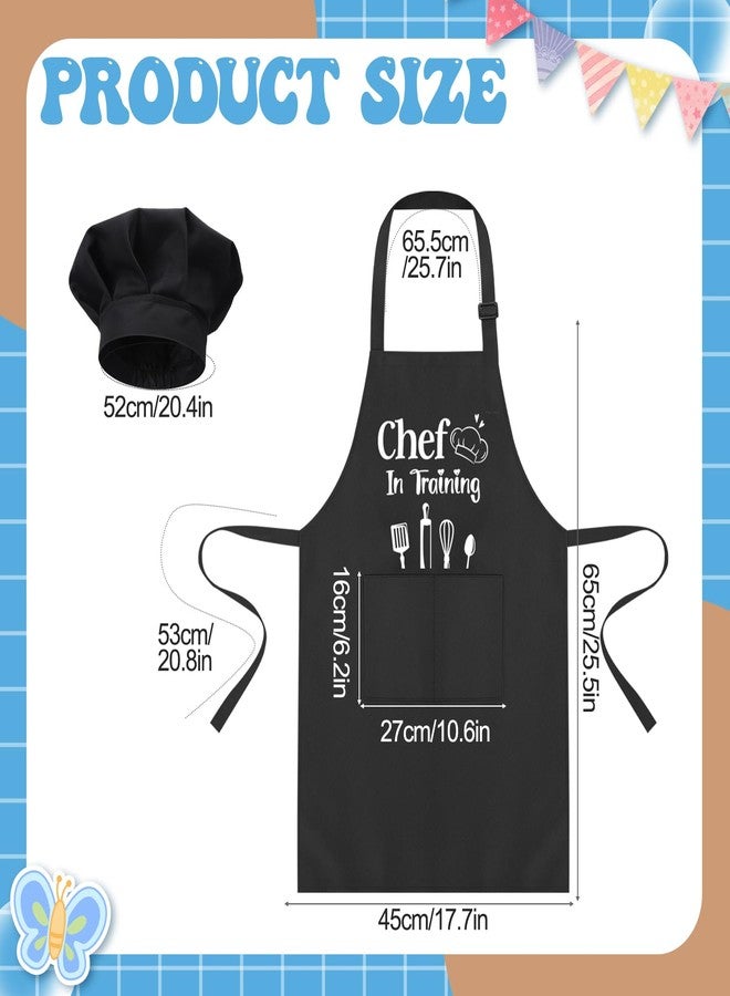 XLSXEXCL 2 Pack Kids Apron and Chef Hat Adjustable Kitchen Cooking Apron with Pockets Kids Funny Apron Chef Dress up Role Play for Girls Boys Baking Painting Art Gardening, Black - Image 2