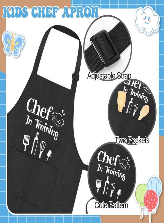 XLSXEXCL 2 Pack Kids Apron and Chef Hat Adjustable Kitchen Cooking Apron with Pockets Kids Funny Apron Chef Dress up Role Play for Girls Boys Baking Painting Art Gardening, Black - Image 3