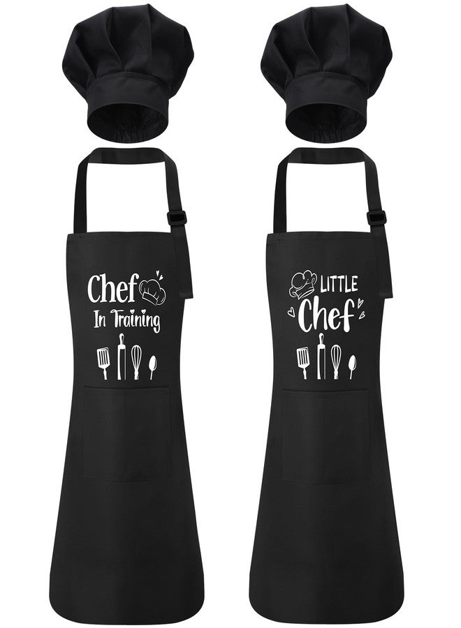 XLSXEXCL 2 Pack Kids Apron and Chef Hat Adjustable Kitchen Cooking Apron with Pockets Kids Funny Apron Chef Dress up Role Play for Girls Boys Baking Painting Art Gardening, Black - Image 1