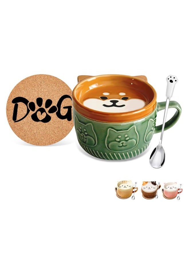 BigNoseDeer Cute Kawaii Dog Mug,Dog Coffee Mugs with Lids,Novelty Animal Coffee Ceramic Tea Cup Dessert Saucer Set,Christmas Birthday Presents for Girls Friend Kids,Dog lovers gifts for women - Image 1
