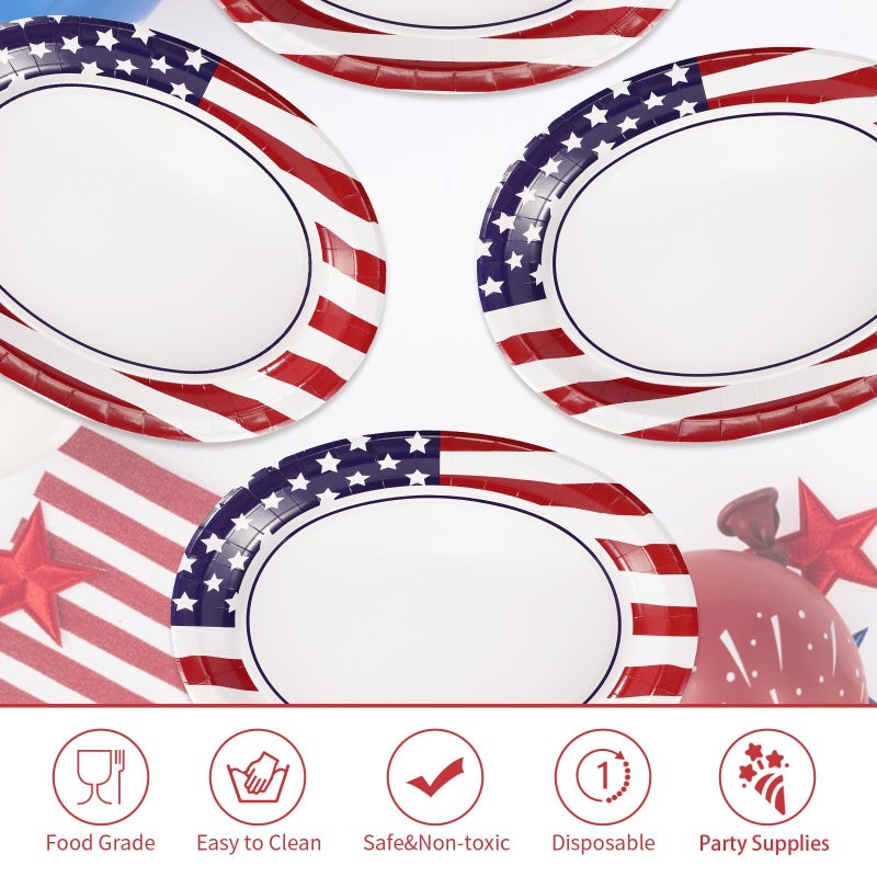 Grencian 50Pcs Patriotic Oval Paper Plates American Flag Patriotic Party Supplies Large 10"" X 12"" Disposable 400GSM Paper Plates for 4th of July Independence Day Decorations Veterans Day Election Day Holiday - Image 1