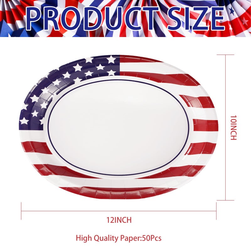 Grencian 50Pcs Patriotic Oval Paper Plates American Flag Patriotic Party Supplies Large 10"" X 12"" Disposable 400GSM Paper Plates for 4th of July Independence Day Decorations Veterans Day Election Day Holiday - Image 2