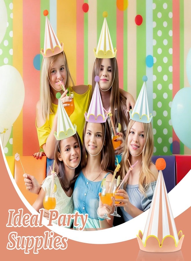 Oitnlaughter 24pcs Pastel Birthday Party Hats with Scalloped Borders Rainbow Cone Paper Hats with Pompoms Colorful Paper Cone Headwear for Adults Baby Shower Bridal Wedding Party Decor - Image 5