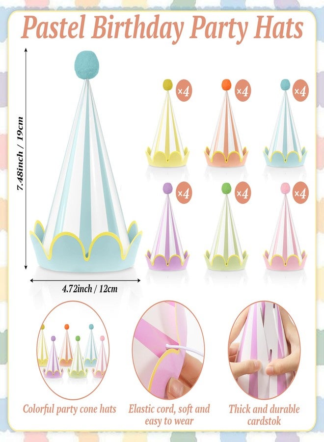 Oitnlaughter 24pcs Pastel Birthday Party Hats with Scalloped Borders Rainbow Cone Paper Hats with Pompoms Colorful Paper Cone Headwear for Adults Baby Shower Bridal Wedding Party Decor - Image 2