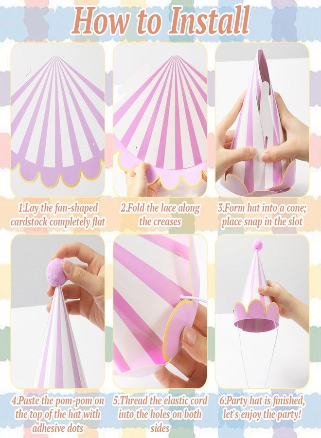Oitnlaughter 24pcs Pastel Birthday Party Hats with Scalloped Borders Rainbow Cone Paper Hats with Pompoms Colorful Paper Cone Headwear for Adults Baby Shower Bridal Wedding Party Decor - Image 3
