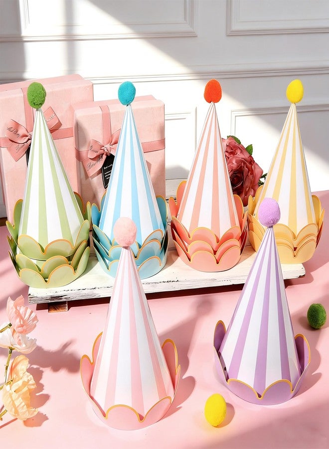 Oitnlaughter 24pcs Pastel Birthday Party Hats with Scalloped Borders Rainbow Cone Paper Hats with Pompoms Colorful Paper Cone Headwear for Adults Baby Shower Bridal Wedding Party Decor - Image 4