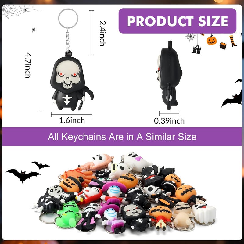 Becfupo 24 Pcs Halloween Cute Keychains Bulk, Ghost Pumpkin Bat Shaped Rubber Ornaments With Keyrings For Halloween Party Supplies, Classroom Giveaways - Image 2