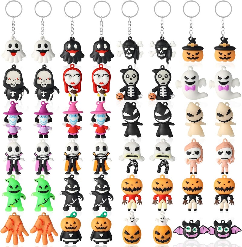 Becfupo 24 Pcs Halloween Cute Keychains Bulk, Ghost Pumpkin Bat Shaped Rubber Ornaments With Keyrings For Halloween Party Supplies, Classroom Giveaways - Image 1