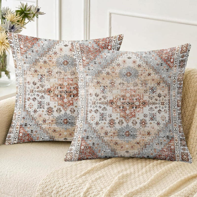 ZSYTZL أغطية وسائد ZSYTZL بنمط بوهيمي، مقاس 18×18 بوصة، طقم من قطعتين، أغطية وسائد ناعمة بنمط سجادة بوهيمية، غطاء وسادة مربع مزخرف لغرفة المعيشة أو الأريكة أو السرير - برتقالي رمادي - Image 1