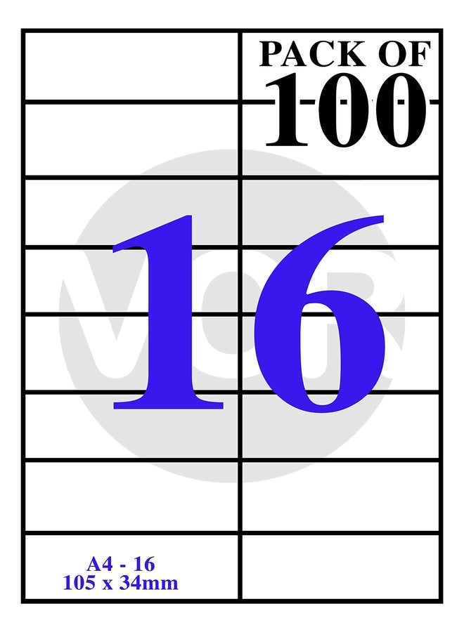 VCR A4 Size White Self Adhesive Label/Sticker for Printer (Inject/Copier/Laser) - Matte - 16 Sticker Per Sheet - 100 Sheets Pack - Image 1