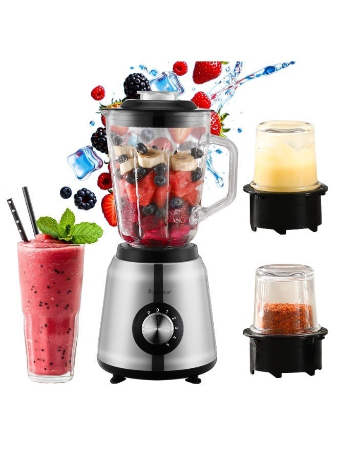 Blender Mixer Grinder for Juices Smoothies Milkshakes and Spice Making, 800W 1.5L with Double 350ml Grinders, Stainless Steel Blades, for Home Kitchen Dorm Office