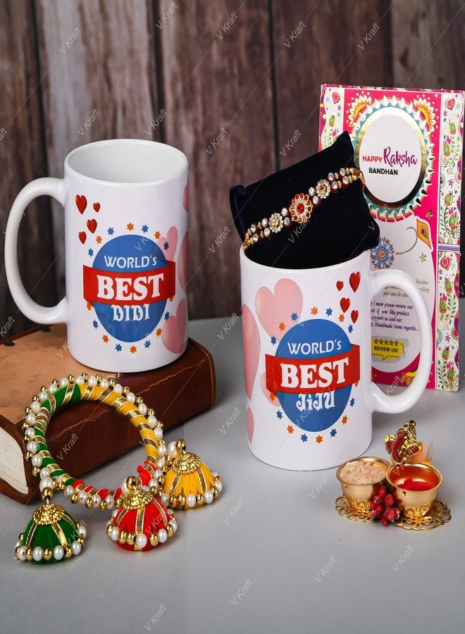 V Kraft "BRST DIDI JIJU Ever Printed White Color Coffee Mug with Designer Rakhi for didi jiju with roli chawal and Rakhi Special Wishes Card |330 ml (White 03) - Image 1