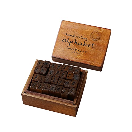 DIYOMR Vintage Letter Stamps Wood Rubber Stamps, 26Pcs Alphabet Stamps Set with Old Red Vintage Wooden Box for Gift Card Making Scrapbook DIY Ancient Typing Simulation (Lowercase, Italics) - Image 1