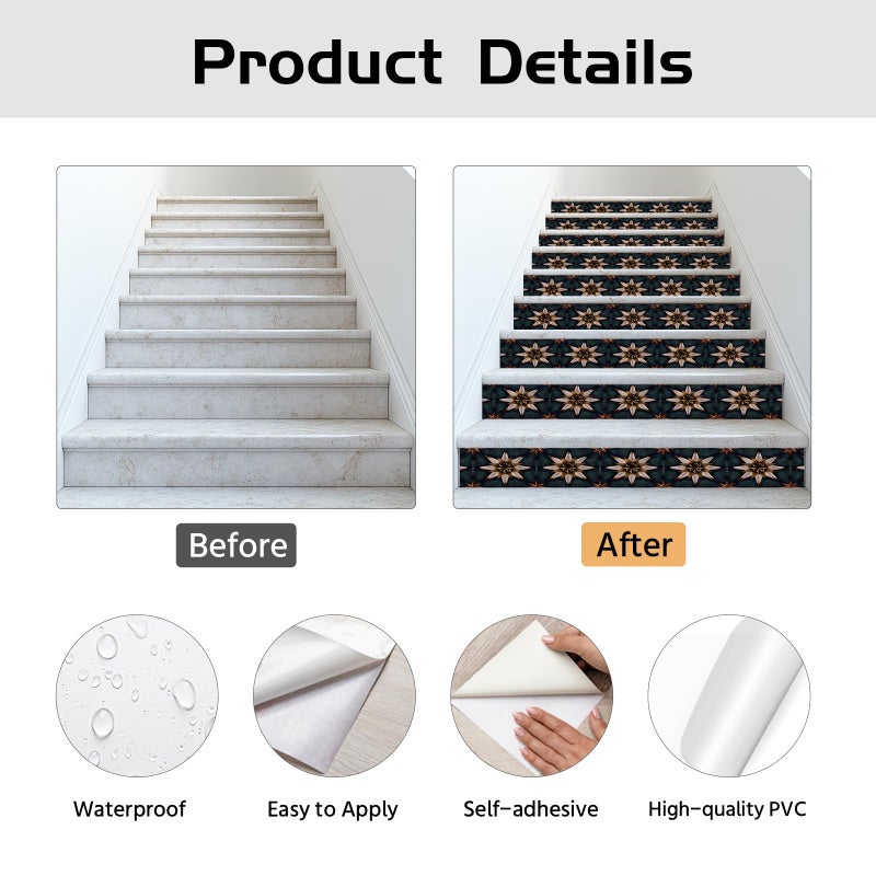 PLIGREAT 15 Strips Vintage Stair Stickers, Peel and Stick Boho Star Stair Riser Stickers Decals 7.1"x39" Self-Adhesive Vinyl Retro Staircase Murals Sticker Decor for Home Hotel - Image 5