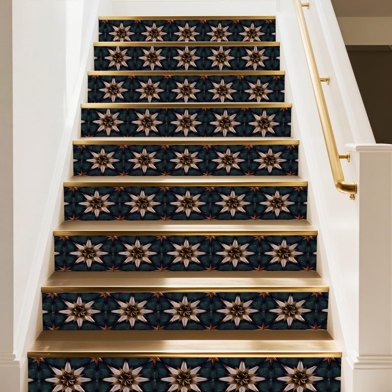 PLIGREAT 15 Strips Vintage Stair Stickers, Peel and Stick Boho Star Stair Riser Stickers Decals 7.1"x39" Self-Adhesive Vinyl Retro Staircase Murals Sticker Decor for Home Hotel - Image 1