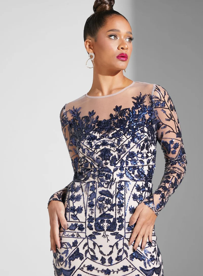 Goddiva Floral Embroidered Gown Dress