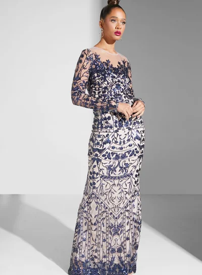 Goddiva Floral Embroidered Gown Dress